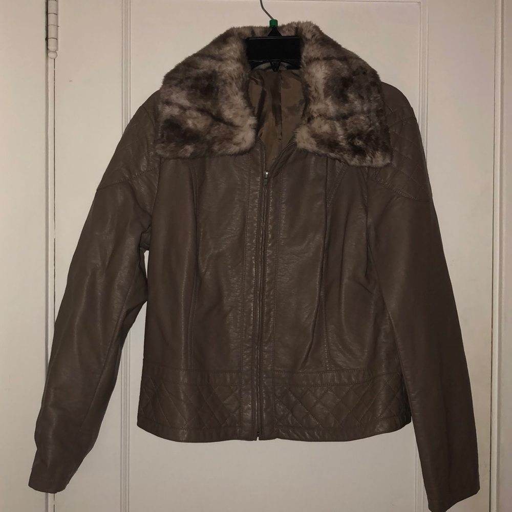 Faux Leather Jacket with Faux Fur Collar